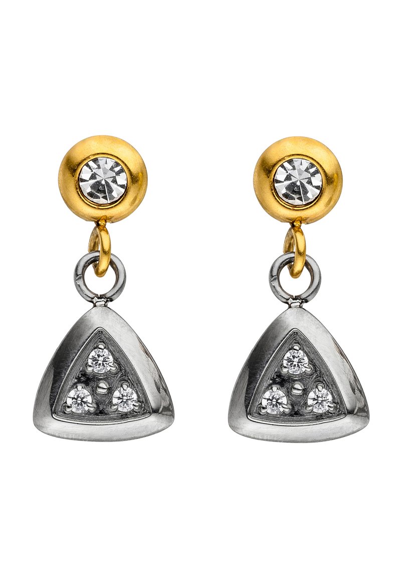 Silver and gold earrings with a triangular design, featuring three clear stones and a prominent round gold top with a stone accent.