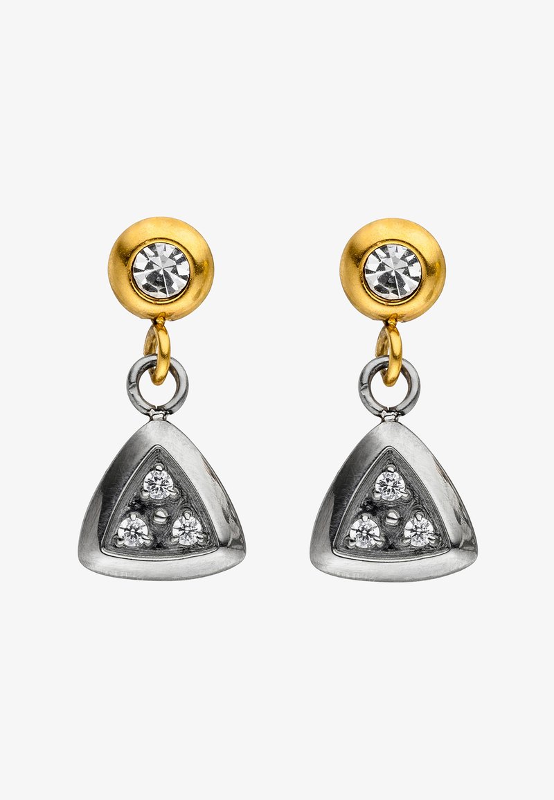 Silver and gold earrings with a triangular design, featuring three clear stones and a prominent round gold top with a stone accent.