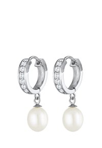 Hängande hoopörhängen i sterling silver med en rad av klara kubisk zirkonia-stenar och en vit pärlvapend.