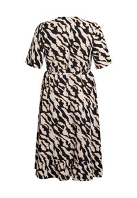 Black and beige dress featuring a wavy animal print, short sleeves, a waist tie, and a flared skirt with a ruffled hem.