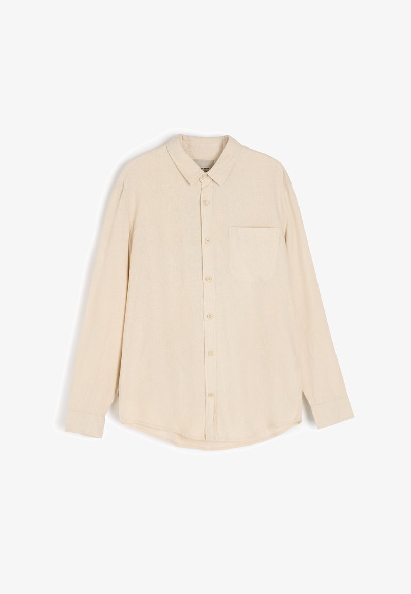 Beżowa, długosleeve koszula zapinana na guziki, wykonana z fakturowanej tkaniny, z kołnierzykiem, kieszonką na piersi i zaokrąglonym dołem.