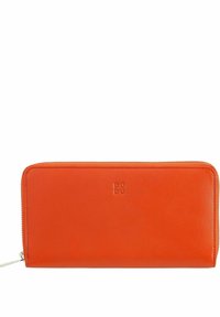 Portafoglio in pelle arancione con chiusura a zip, texture liscia, forma rettangolare e logo impresso sul davanti.