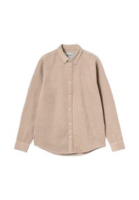 Jasnobrązowa kordurowa koszula z długim rękawem, zapinana na guziki, z kołnierzykiem i małym haftowanym logo na lewej piersi.