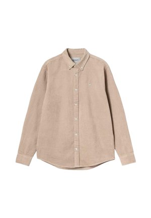 Helles braunes Cordhemd mit langen Ärmeln, Knopfleiste und Kragen sowie kleinem gesticktem Logo auf der linken Brust.