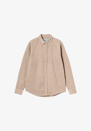Lichtbruine corduroy overhemd met lange mouwen, knoopsluiting en kraag, voorzien van een klein geborduurd logo op de linkerborst.