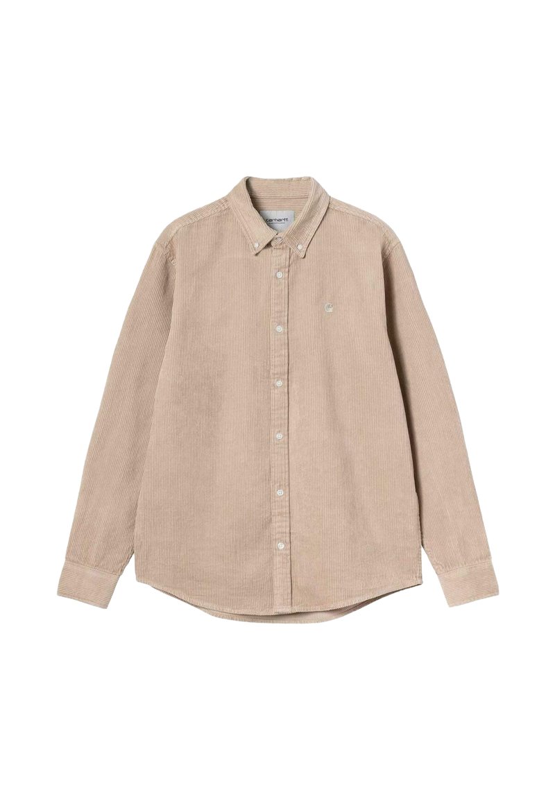 Lysebrune fløjl skjorte med lange ærmer, knaplukning og krave samt et lille broderet logo på venstre bryst.