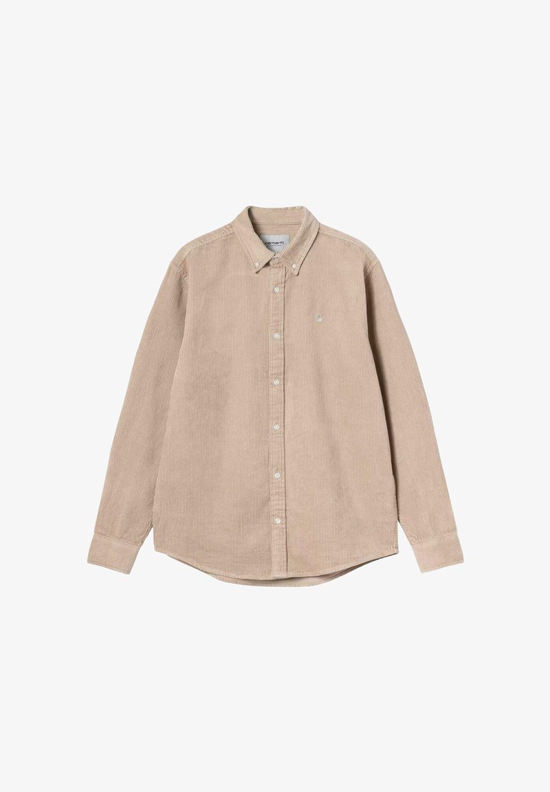 Světle hnědá kordová košile s dlouhým rukávem, zapínání na knoflíky, s límečkem a malým vyšitým logem na levé straně hrudi.