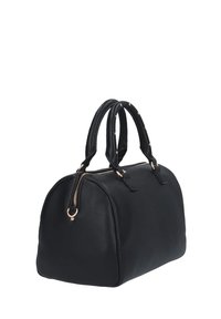 Black leather handbag with rounded shape, dual handles, gold hardware accents, and a zipper closure along the top. Textured finish.