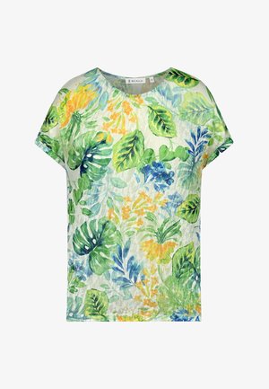 Floral short-sleeve top in lightweight, sheer fabric. Features a variety of green leaves and colorful flowers in blue and yellow tones.