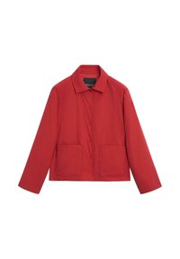 Red jacket made of a lightweight fabric, featuring a collared neck, front button closure, and two square patch pockets on the front.
