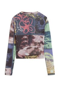 Long-sleeve, sheer top featuring a mix of abstract patterns in purple, green, and blue with various textures and colors. Cropped design.
