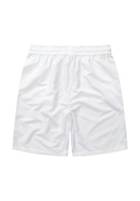 Weiße Badeshorts aus leichtem, glattem Stoff. Sie verfügen über einen elastischen Bund und ein einfaches, schmuckloses Design ohne Taschen.