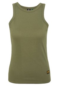 Oliwkowy, prążkowany t-shirt bez rękawów z okrągłym dekoltem. Posiada małą metkę z logo na dolnym brzegu.