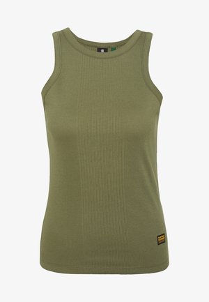 Olivgrön ribbad linne med rundad halsringning och ärmlöst design. Har en liten märkesetikett vid fållen.