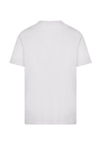 White cotton t-shirt, short sleeves, crew neckline, smooth texture, unembellished back view, straight hem, relaxed fit.