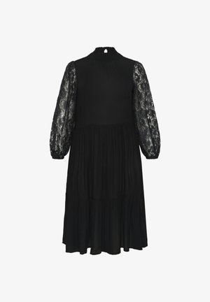 Black dress featuring a high neckline, long lace sleeves, and a flowing tiered skirt for a relaxed silhouette.