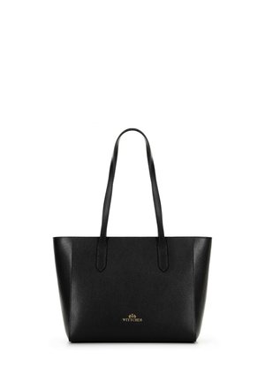 Bolsa tote negra hecha de cuero texturizado, con dos asas resistentes, que presenta un logotipo dorado en la parte delantera y un diseño espacioso y estructurado.