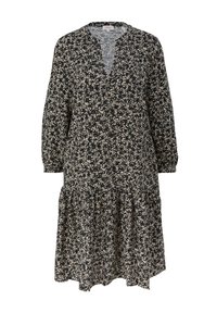 Schwarzes Blumenkleid mit langen Ärmeln, einem V-Ausschnitt und einem gestuften Rock. Der Stoff weist kleine weiße Blumenmuster auf.