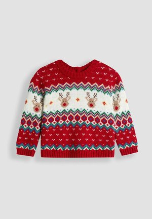 Roter gestrickter Pullover mit langen Ärmeln, ausgestattet mit weißen Rentieren und bunten geometrischen Mustern an Brust und Saum, geripptem Kragen und Bündchen.