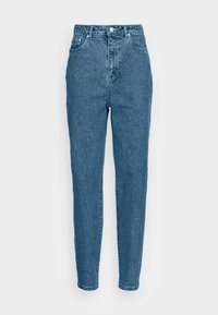 Jeans de cintura alta azul claro feitos de denim. Apresentam um fecho com botão, bolsos frontais e traseiros, e um design de perna reta.