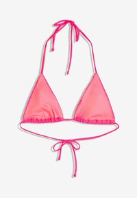 Rosa bikiniöverdel i varm nyans med triangulär design, justerbara band i nacken och ryggen, samt plisserade kanter för extra detalj.