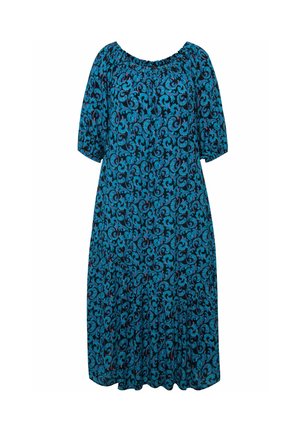 Blauw bloemenpatroon jurk met korte mouwen, gathered halslijn en vloeiende silhouette, gemaakt van lichtgewicht stof.