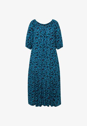 Blauw bloemenpatroon jurk met korte mouwen, gathered halslijn en vloeiende silhouette, gemaakt van lichtgewicht stof.