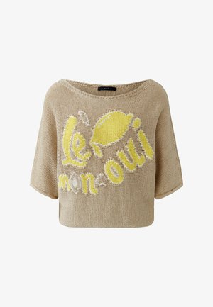 Beiger kurzärmliger Strickpullover mit gelber Zitronengrafik und dem Text „le mon-oui“ vorne, weiter Halsausschnitt.