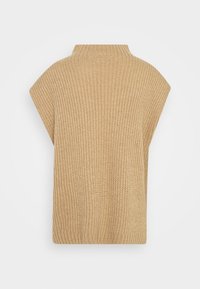 Beżowy sweter robiony na drutach z wysokim, złożonym kołnierzem oraz szerokimi rękawami. Tekstura jest prążkowana, ma luźny krój i minimalne detale szycia.