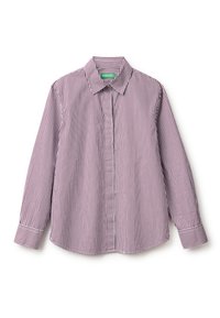 Camicia a maniche lunghe con bottoni, caratterizzata da sottili righe verticali rosse e bianche, colletto a punta e orlo arrotondato. Realizzata in tessuto leggero.