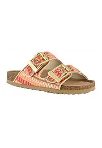 Sandali a due fibbie con tomaia intrecciata rosa e oro, soletta in sughero e suola in gomma. Presentano dettagli in metallo dorato.