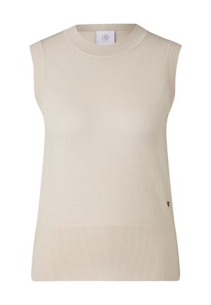 Lys beige ærmeløs top, lavet af blødt strikket stof. Har en rund halsudskæring og ribbet kant for tekstur. Diskret branding på siden.