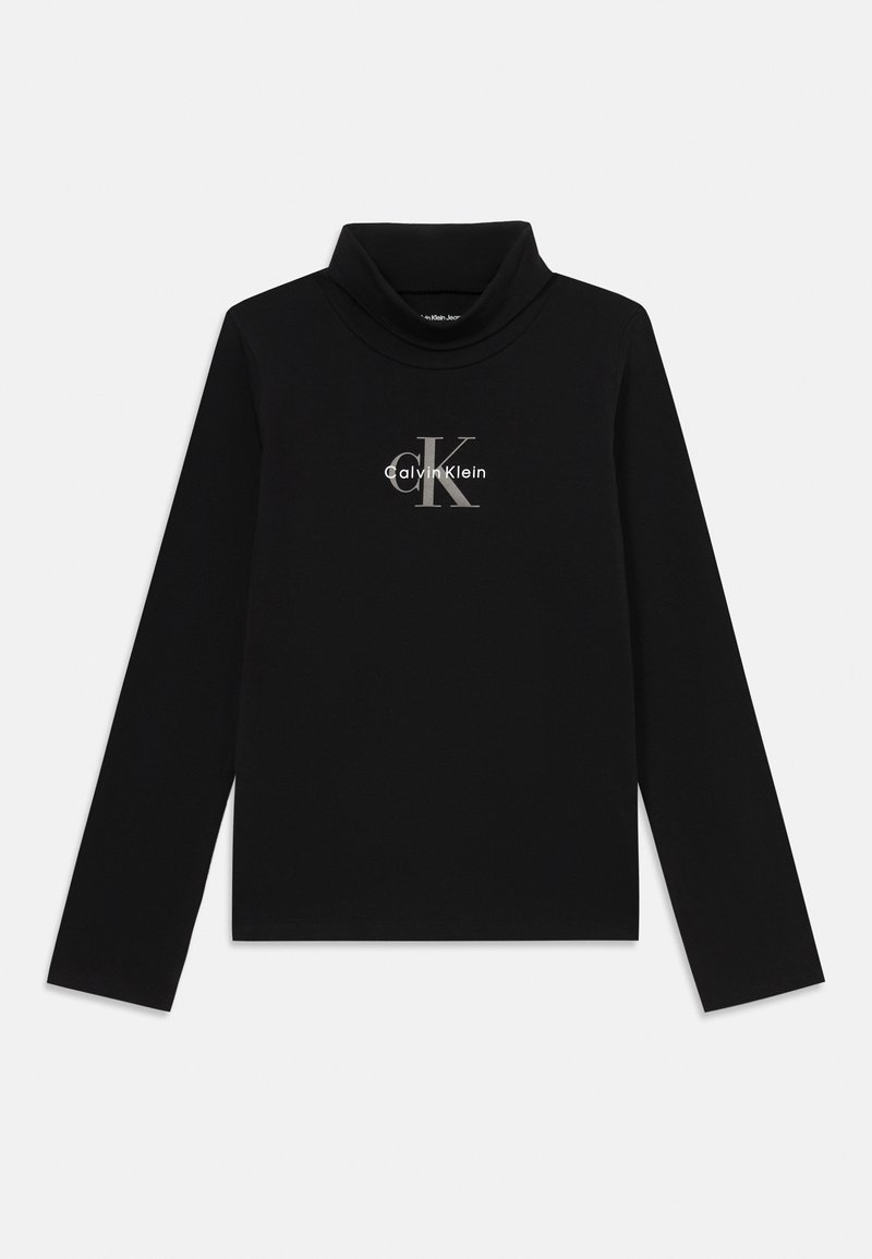 Črna dolga majica s turtleneck ovratnikom iz gladkega materiala, z mrežno srebrno zasnovo na prsih in oprijetim krojem.
