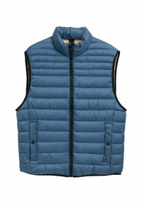 Gewatteerd blauw vest met hoge kraag, voorkant met rits en twee zijzakken. Voorzien van horizontale quilting en zwarte afwerking langs de randen.