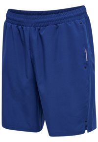 Blå sportshorts tillverkade av mjukt, lätt material med resårmidja, sidofickor och små accentdetaljer.
