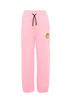 Różowe spodnie dresowe z elastycznym paskiem i mankietami, czarnym sznurkiem z żółtymi końcówkami oraz małym żółtym logo uśmiechniętej buźki na prawej udzie.