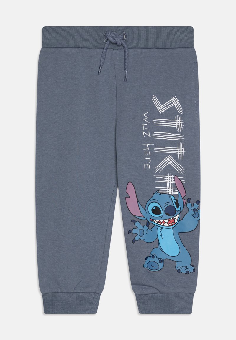 Heather-graue Sweatpants mit geripptem Bund, Zugband und Grafik des Stitch-Charakters mit dem Text "STITCH WUZ HERE" in Weiß.