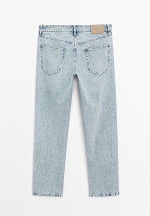 Light blue denim jeans with a straight leg design, five belt loops, two back pockets, and a rectangular fabric tag on the waistband.