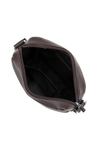 Borsa in pelle marrone con chiusura a zip, dotata di un ampio interno foderato in nero e due scomparti per un'organizzazione ottimale.