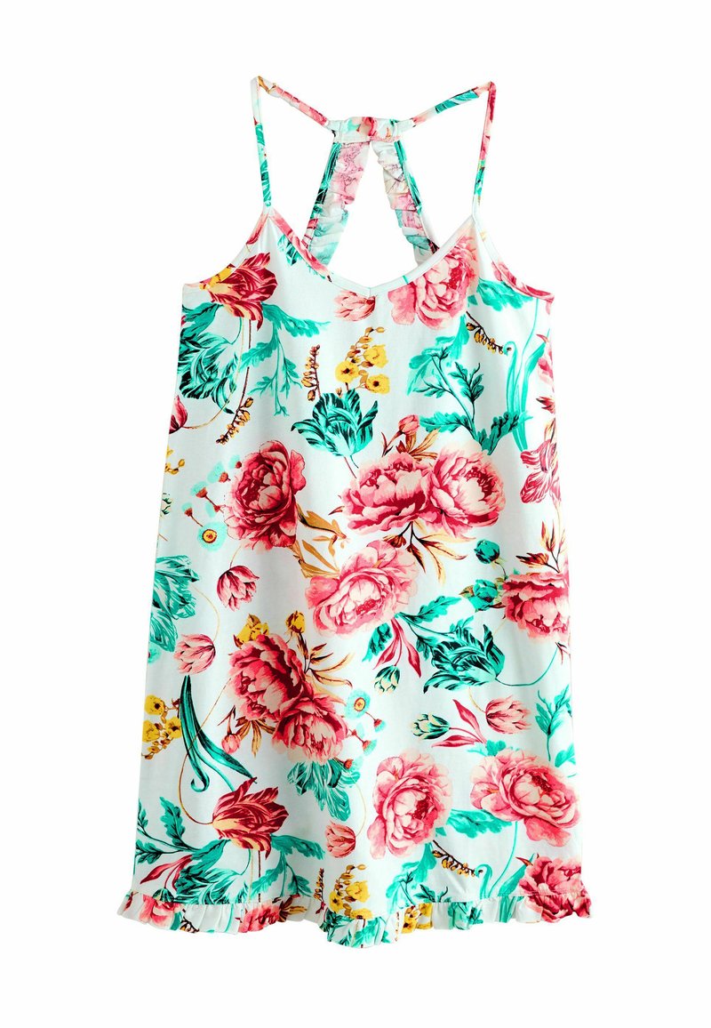 Bloemige jurk met een lichtblauwe achtergrond en roze en gele bloemen, spaghettibandjes, kruisrugontwerp en rimpelzoom.