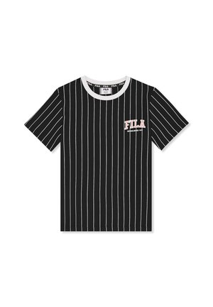 Schwarzes T-Shirt mit kurzen Ärmeln, weißen vertikalen Streifen, weißem Kragen und rosa FILA-Logo auf der linken Brustseite.