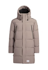 Paminkštinta kreminė parka su gobtuvu, dviem užtrauktukais užsegamomis kišenėmis, juodais akcentais ir logotipo aplikacija ant dalies. Lygus, patvarus audinio tekstūras.