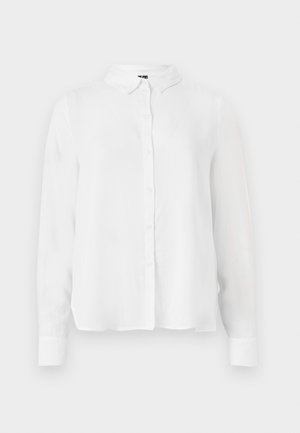 Long-sleeve white shirt featuring a button-down front, classic collar, and smooth fabric with a slightly loose fit.
