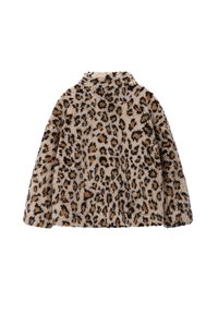 Leopardprint nepkatoen jas met lange mouwen en een opstaande kraag, weergegeven vanuit de achterkant op een witte achtergrond.