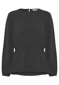 Top peplum nero realizzato in tessuto leggero, con maniche lunghe, scollatura tonda e chiusura a chiave sul retro.
