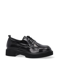 Schwarze Lackleder-Schnürschuhe mit abgerundeter Spitze, erhobenen Nahtdetails und einer dicken schwarzen Gummisohle.