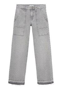 Jeans a gamba larga grigi chiaro in denim, con doppie tasche frontali, orlo sfrangiato e cintura con borchie. Design pulito e vestibilità tailored.