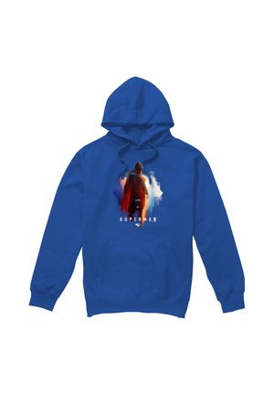 Blue hoodie with front graphic of Superman standing with a cityscape background and text "Look Up Superman."