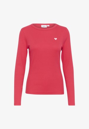 Long-sleeve pink ribbed t-shirt featuring a small white heart embroidered on the left chest, rounded neckline, and fitted design.