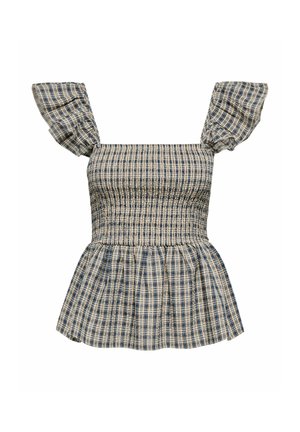 Haut sans manches à carreaux bleu et beige avec corsage smocké, encolure carrée à volants et ourlet bas en peplum évasé.